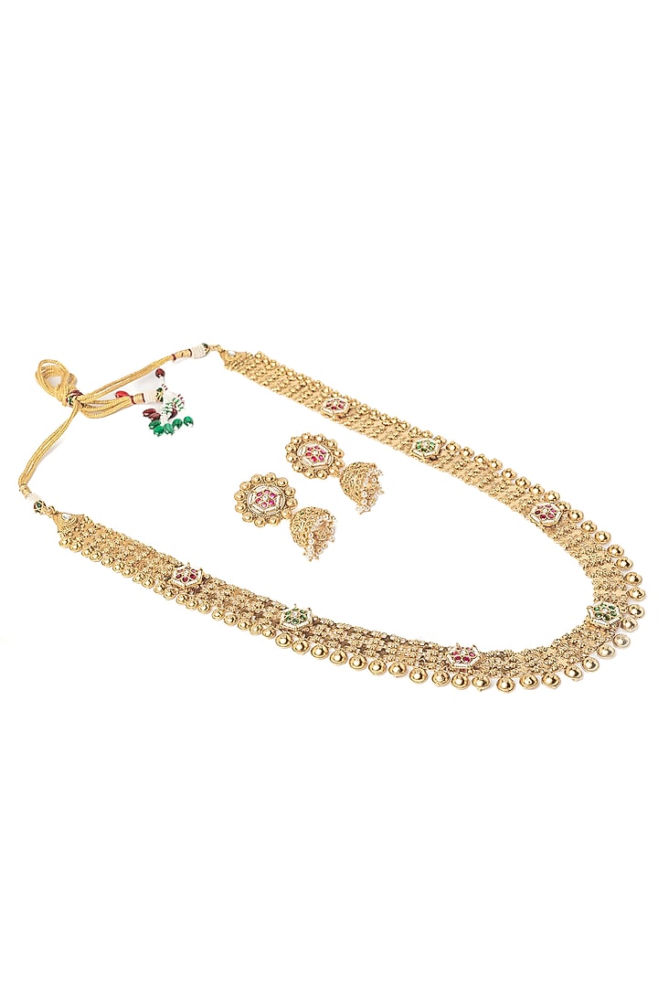 Gold Finish Floral Long Necklace Set by Vivinia By Vidhi Mehra at Pernia's Pop Up Shop