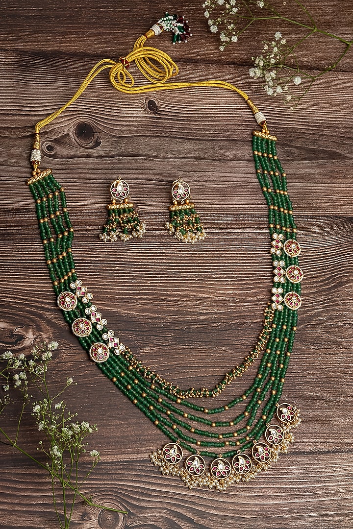 Gold Finish Green Beaded & Gold Gemstone Long Layered Necklace Set by Vivinia By Vidhi Mehra at Pernia's Pop Up Shop