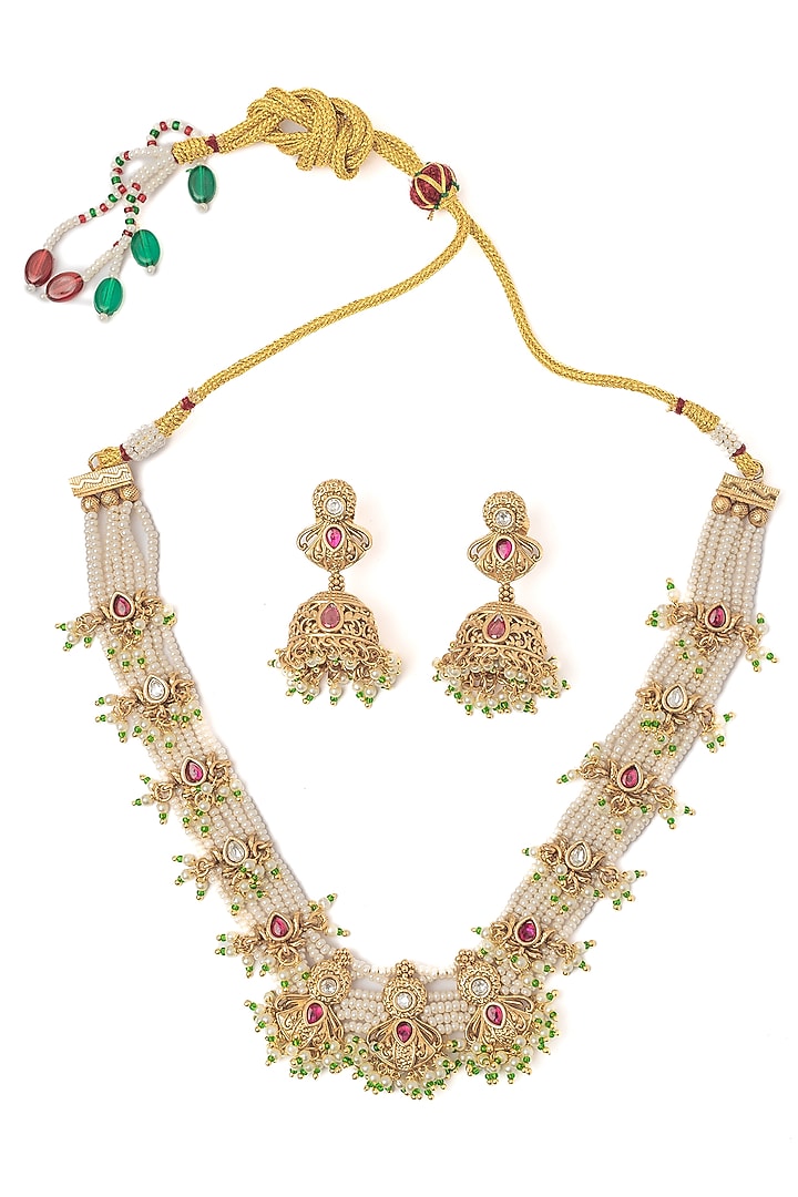 Gold Finish Pearl Choker Necklace Set by Vivinia By Vidhi Mehra at Pernia's Pop Up Shop