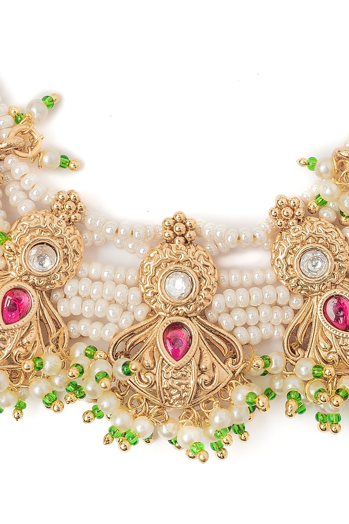 Gold Finish Pearl Choker Necklace Set by Vivinia By Vidhi Mehra at Pernia's Pop Up Shop