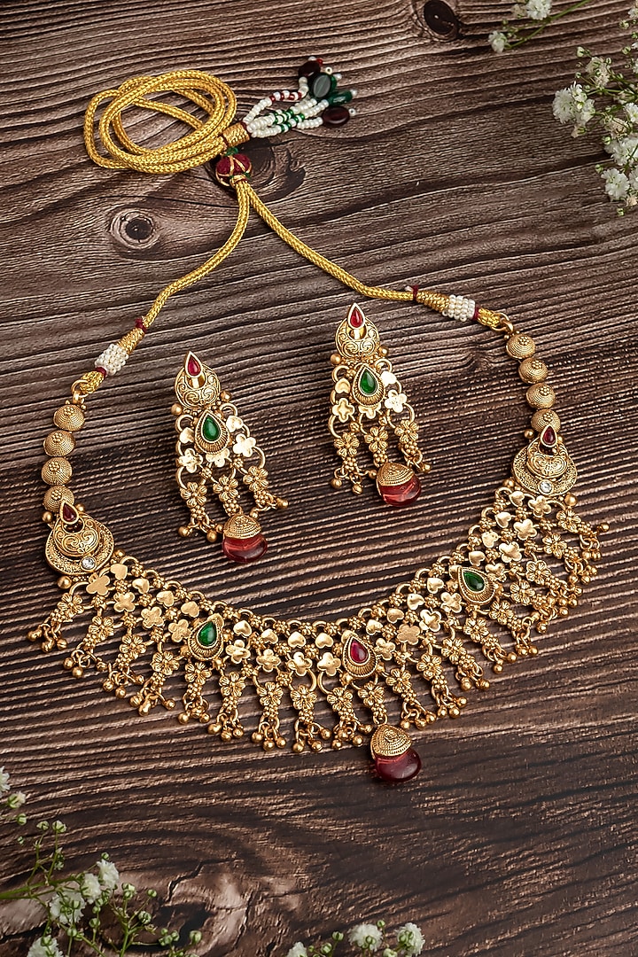 Gold Finish Red & Green Stone Necklace Set by Vivinia By Vidhi Mehra at Pernia's Pop Up Shop