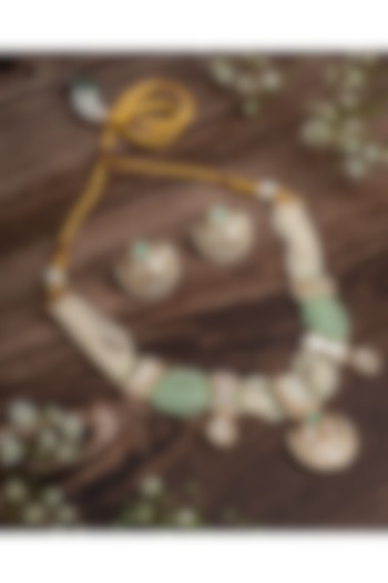 Gold Finish Pearl & Green Beaded Choker Necklace Set by Vivinia By Vidhi Mehra at Pernia's Pop Up Shop