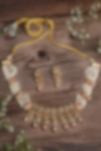 Gold Finish Pearl & Red Stone Choker Necklace Set by Vivinia By Vidhi Mehra at Pernia's Pop Up Shop