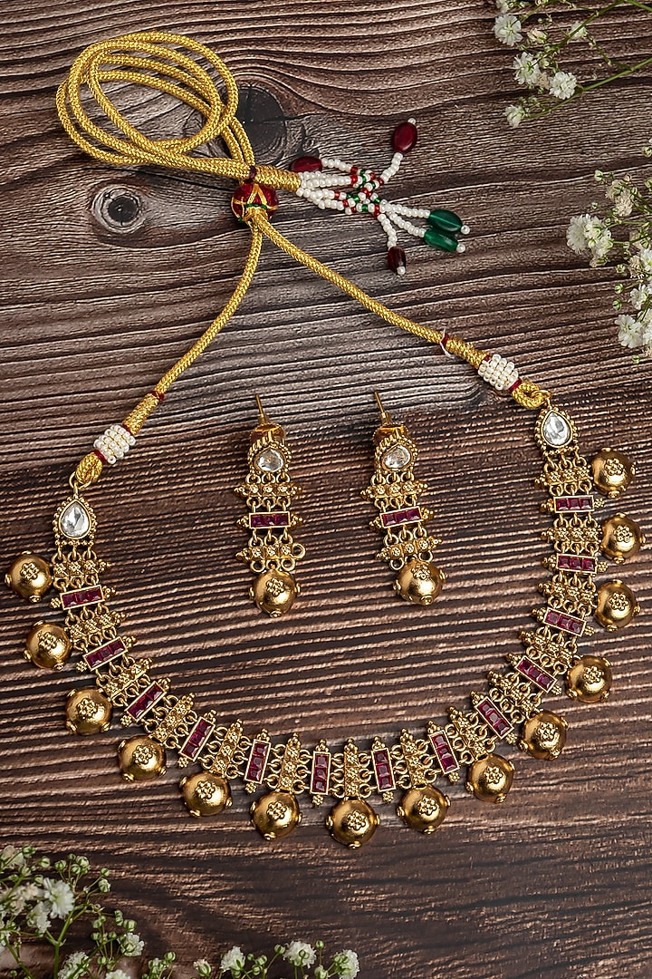 Gold Finish Ruby Pink Stone Choker Necklace Set by Vivinia By Vidhi Mehra at Pernia's Pop Up Shop