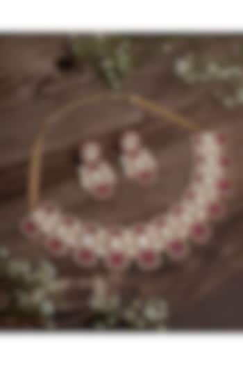 Gold Finish Ruby Pink Stone Choker Necklace Set by Vivinia By Vidhi Mehra at Pernia's Pop Up Shop