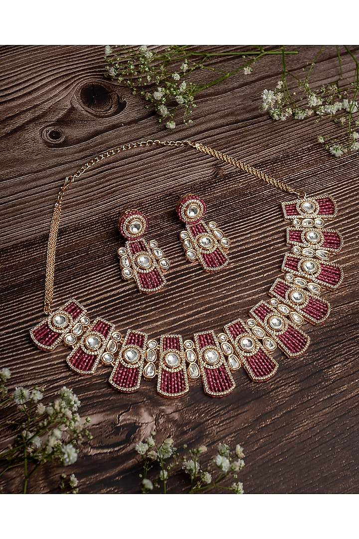 Gold Finish Ruby Pink Stone Choker Necklace Set by Vivinia By Vidhi Mehra at Pernia's Pop Up Shop