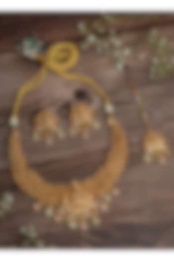 Gold Finish Gemstone & Beaded Choker Necklace Set by Vivinia By Vidhi Mehra at Pernia's Pop Up Shop