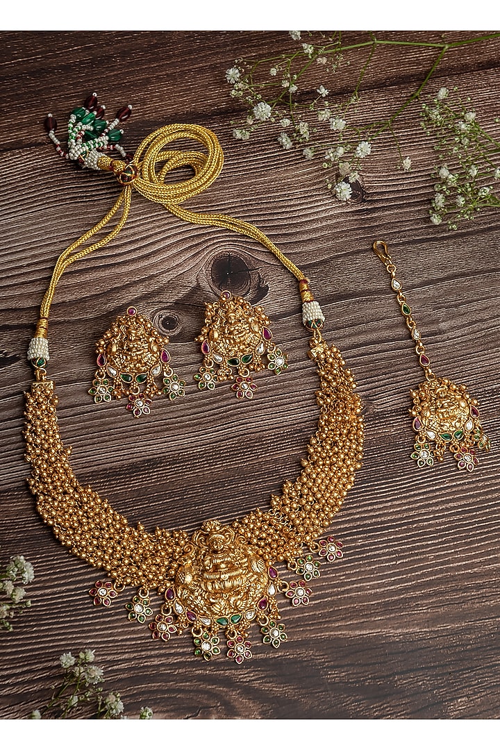 Gold Finish Gemstone & Beaded Choker Necklace Set by Vivinia By Vidhi Mehra at Pernia's Pop Up Shop