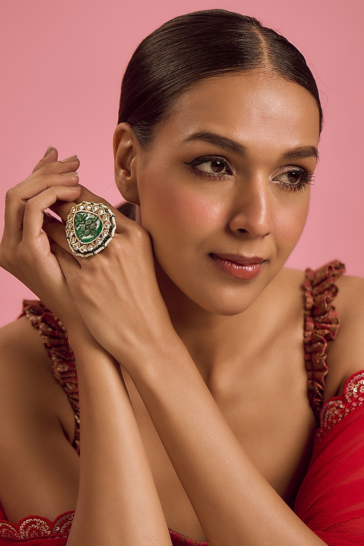 Gold Finish Kundan Polki & Emerald Stone Ring by Vivinia By Vidhi Mehra at Pernia's Pop Up Shop