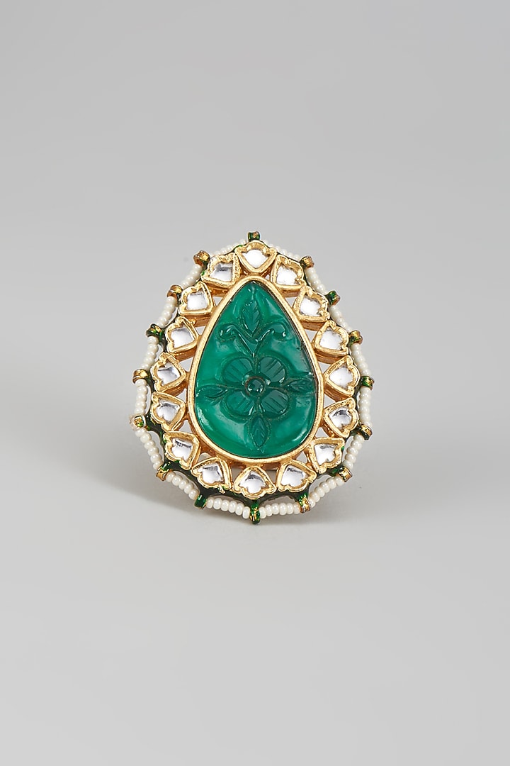 Gold Finish Kundan Polki & Emerald Stone Ring by Vivinia By Vidhi Mehra at Pernia's Pop Up Shop