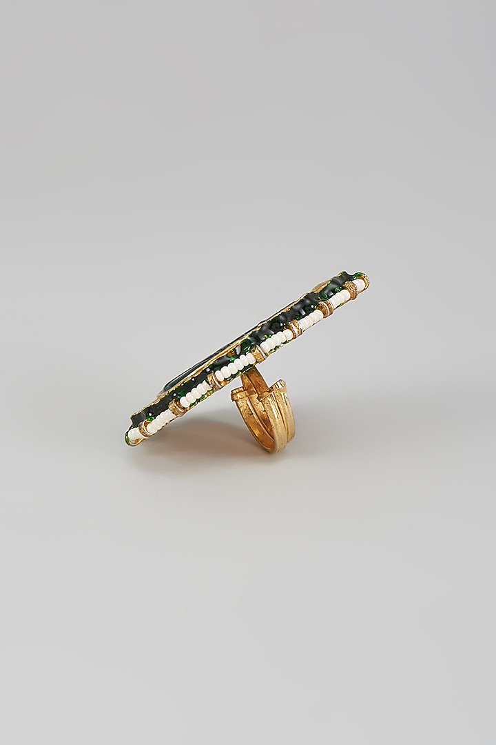 Gold Finish Kundan Polki & Emerald Stone Ring by Vivinia By Vidhi Mehra at Pernia's Pop Up Shop
