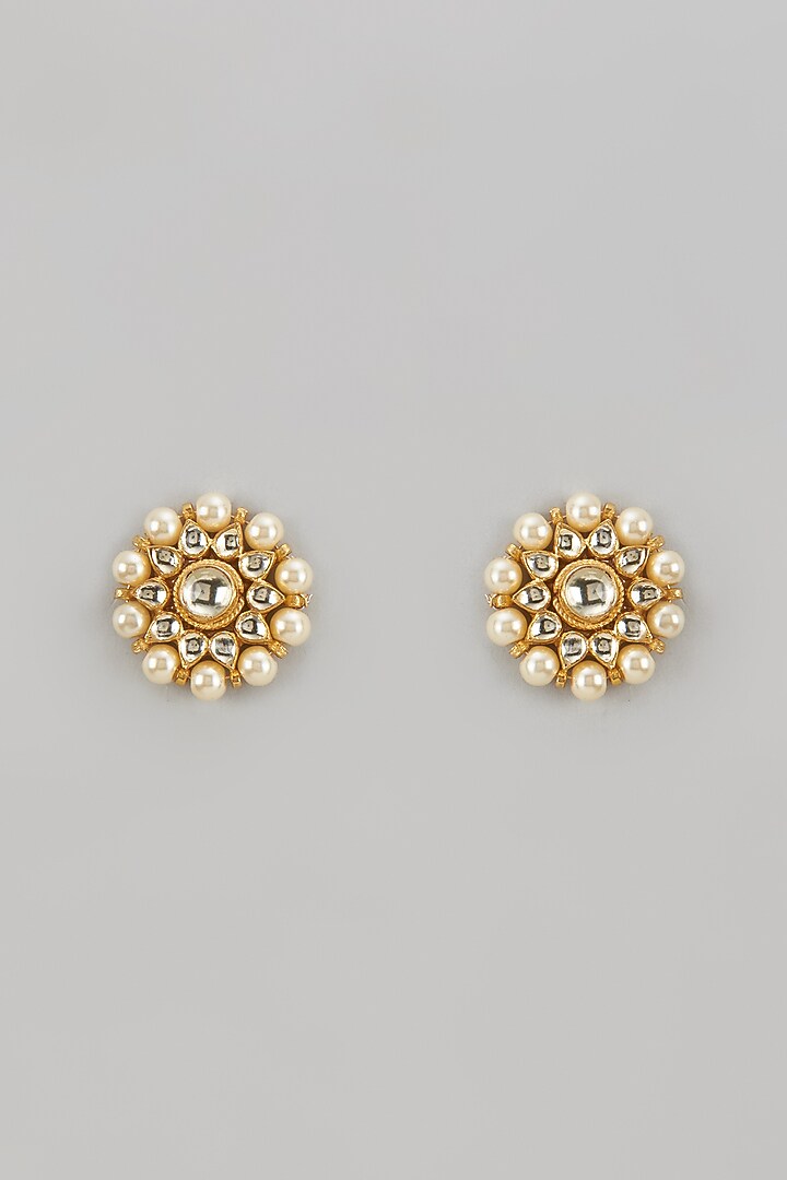 Gold Finish Kundan Polki & Pearl Stud Earrings by Vivinia By Vidhi Mehra at Pernia's Pop Up Shop