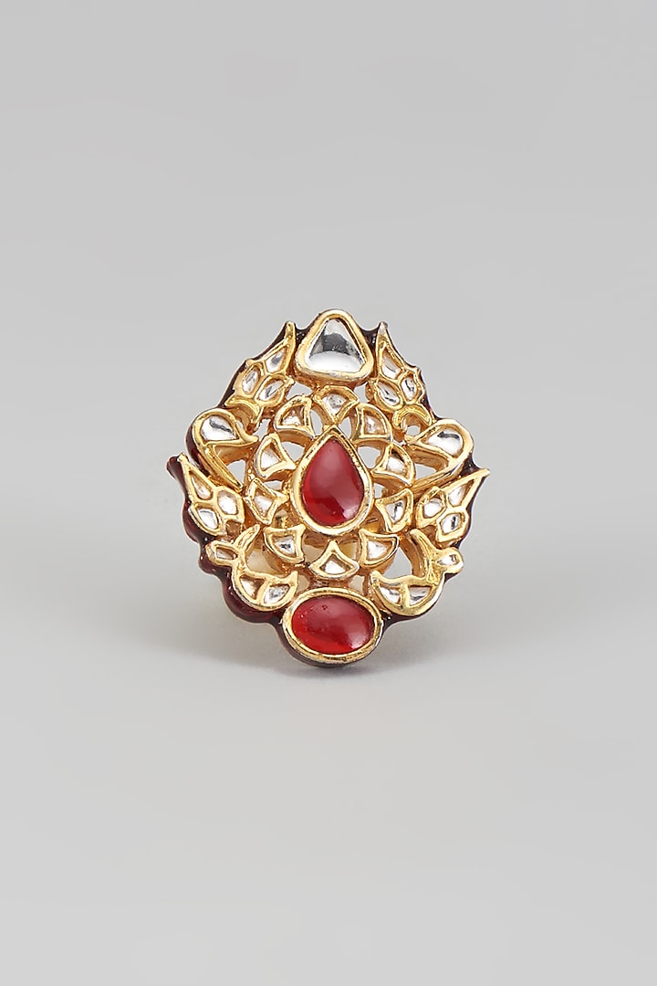 Gold Finish Kundan Polki & Red Onyx Ring by Vivinia By Vidhi Mehra at Pernia's Pop Up Shop