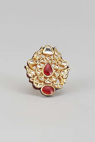 Gold Finish Kundan Polki & Red Onyx Ring by Vivinia By Vidhi Mehra