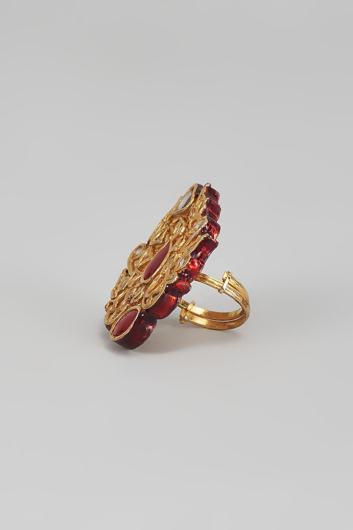 Gold Finish Kundan Polki & Red Onyx Ring by Vivinia By Vidhi Mehra at Pernia's Pop Up Shop