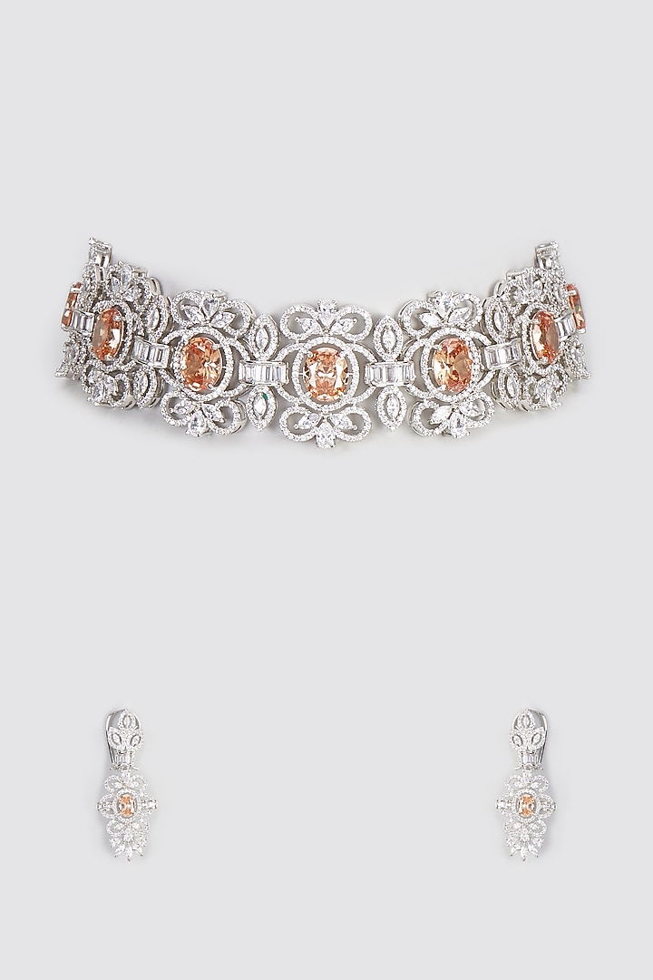 White Finish Zircon Choker Necklace Set by Vivinia By Vidhi Mehra at Pernia's Pop Up Shop