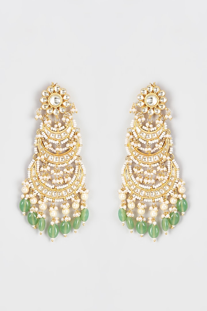 Gold Finish Kundan Polki & Green Stone Dangler Earrings by Vivinia By Vidhi Mehra at Pernia's Pop Up Shop