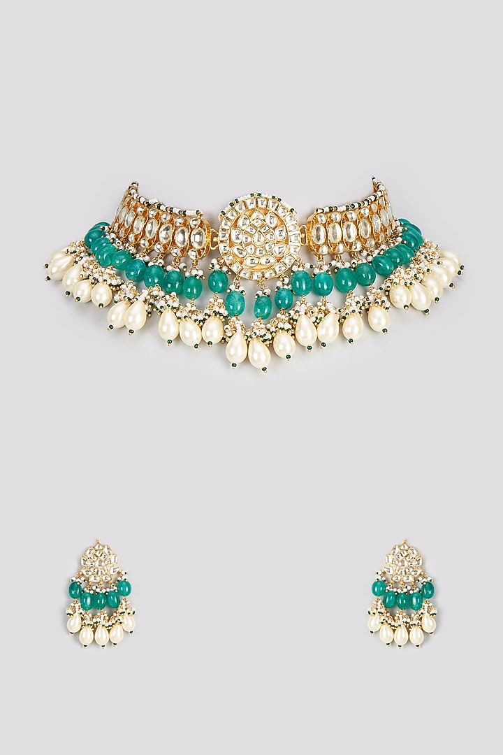 Gold Finish Kundan Polki & Green Beaded Choker Necklace Set by Vivinia By Vidhi Mehra at Pernia's Pop Up Shop