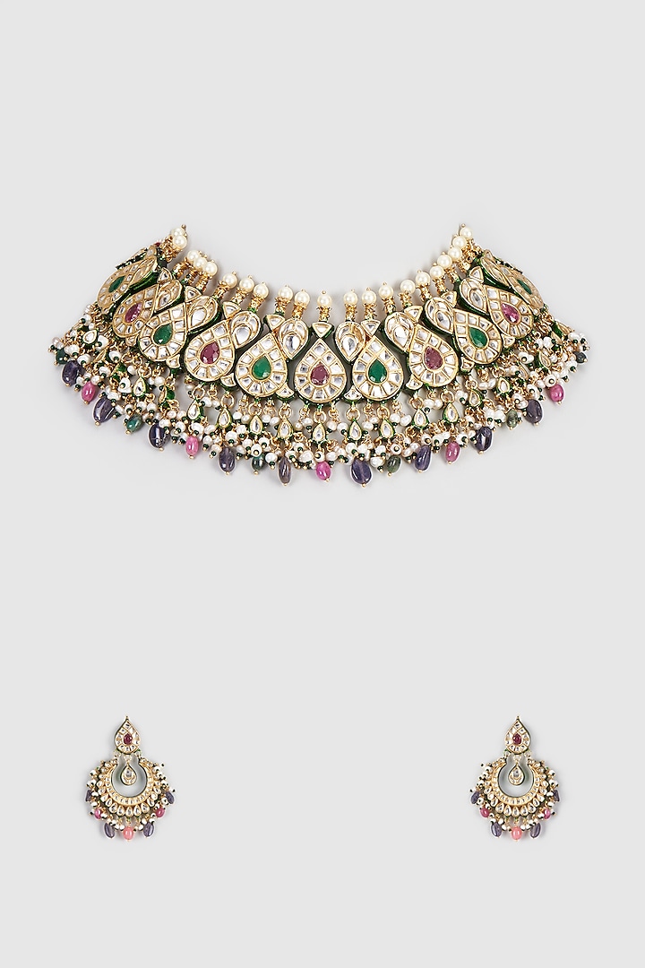 Gold Finish Navratan Kundan Polki Choker Necklace Set by Vivinia By Vidhi Mehra at Pernia's Pop Up Shop