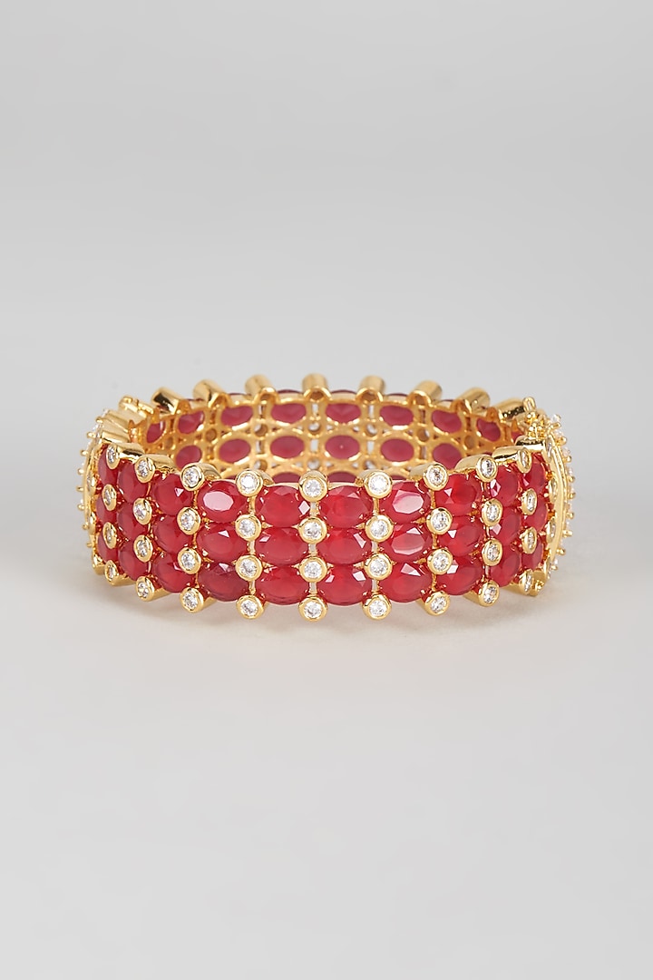 Gold Finish Red Synthetic Stone Openable Bangle by Vivinia By Vidhi Mehra at Pernia's Pop Up Shop