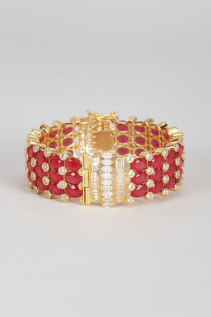 Gold Finish Red Synthetic Stone Openable Bangle by Vivinia By Vidhi Mehra at Pernia's Pop Up Shop