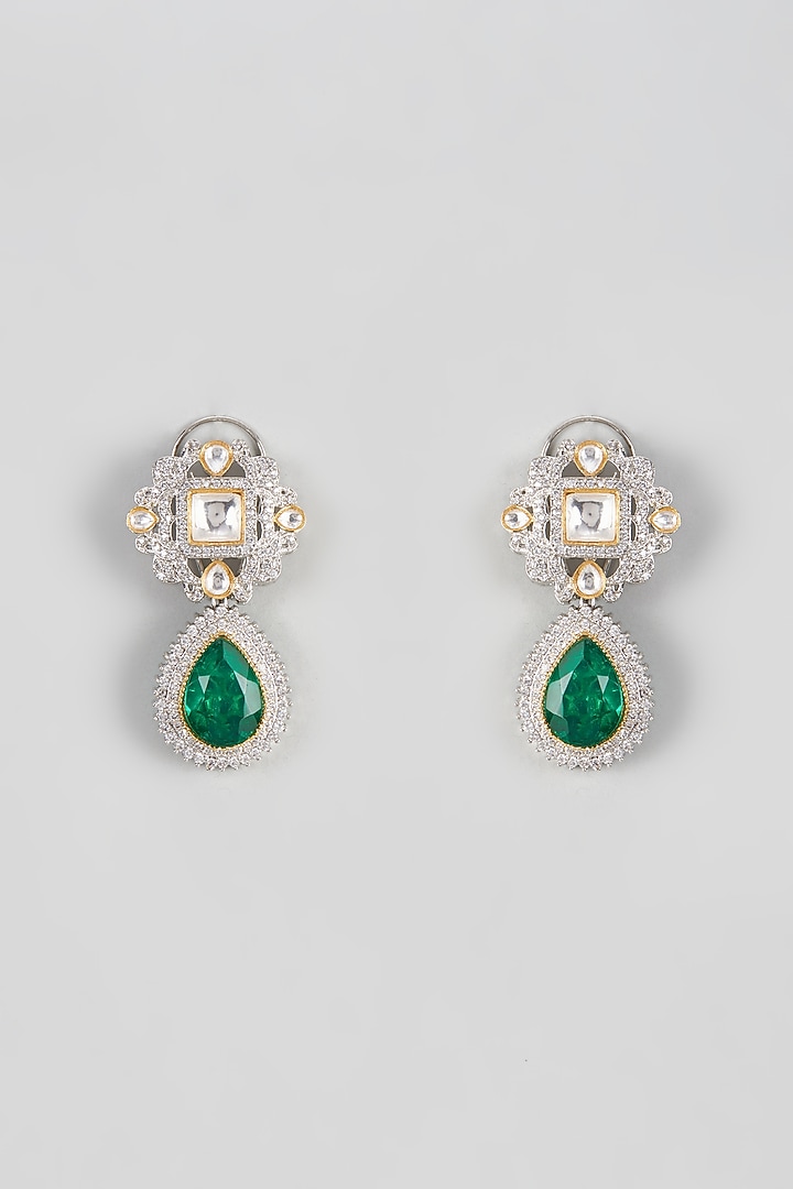 White Finish Zircon & Kundan Polki Dangler Earrings by Vivinia By Vidhi Mehra at Pernia's Pop Up Shop