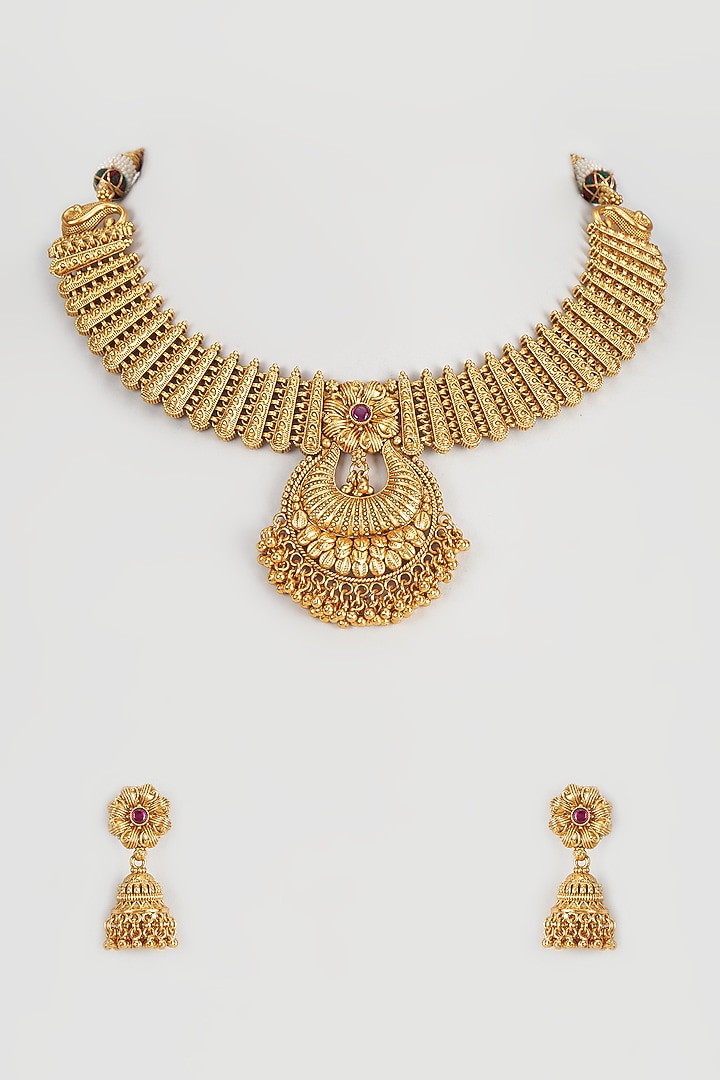 Gold Finish Temple Choker Necklace Set by Vivinia By Vidhi Mehra at Pernia's Pop Up Shop