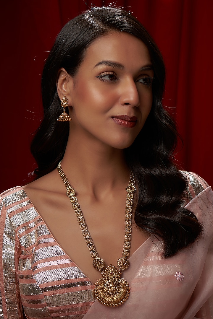 Gold Finish Long Temple Necklace Set by Vivinia By Vidhi Mehra at Pernia's Pop Up Shop