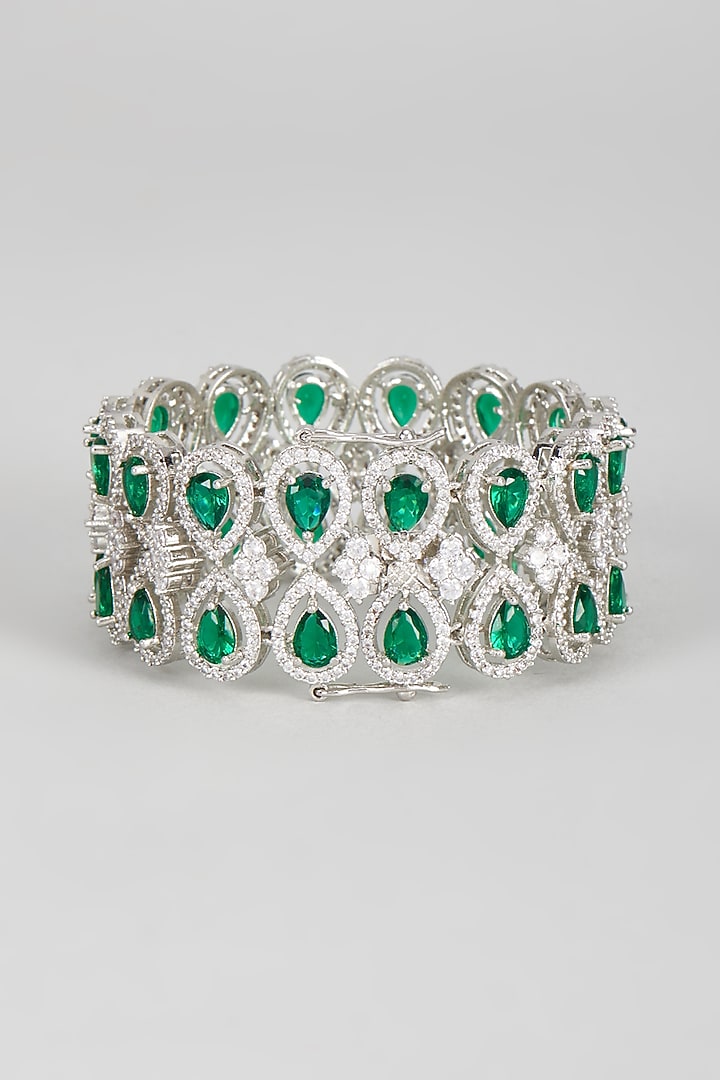 White Finish Zircon & Green Stone Tennis Bracelet by Vivinia By Vidhi Mehra at Pernia's Pop Up Shop