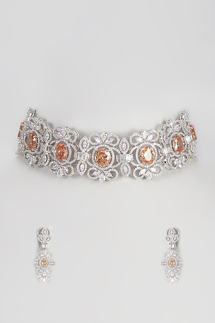 White Finish Zircon & Gold Stone Choker Necklace Set by Vivinia By Vidhi Mehra at Pernia's Pop Up Shop