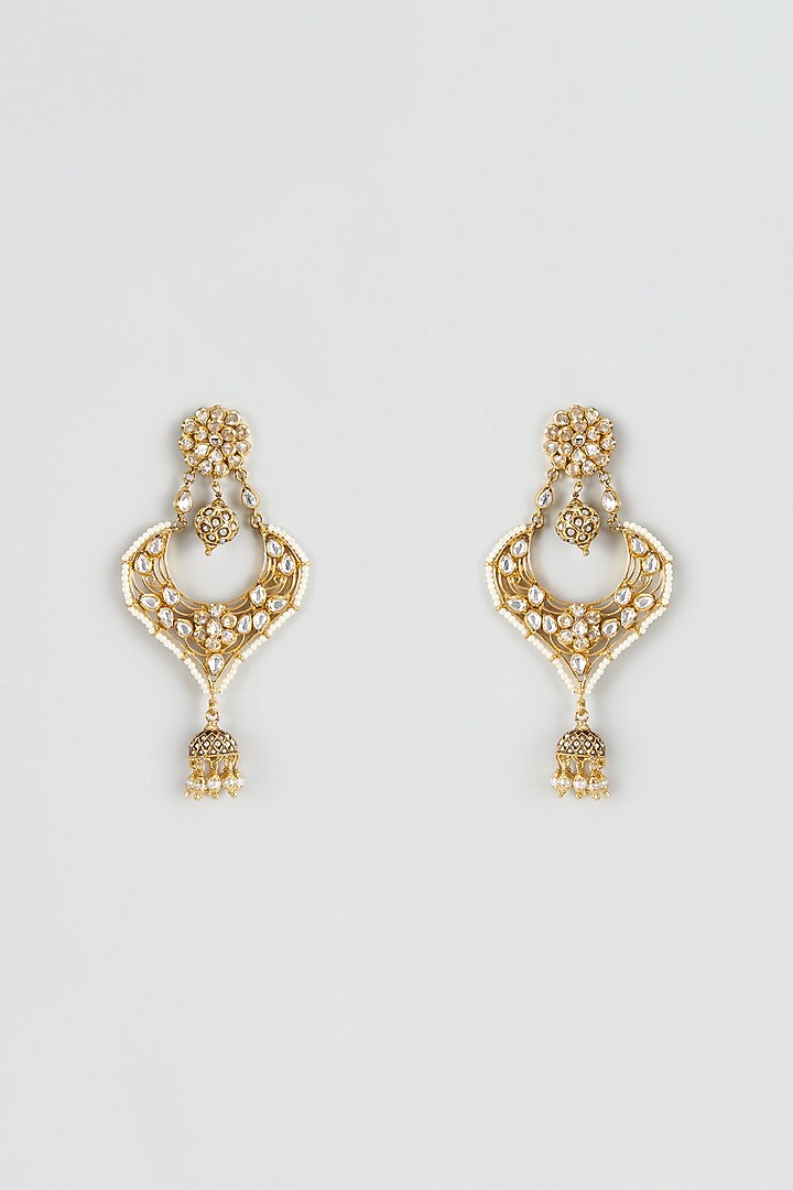 Gold Finish Diamond & Kundan Polki Chandbali Earrings by Vivinia By Vidhi Mehra at Pernia's Pop Up Shop