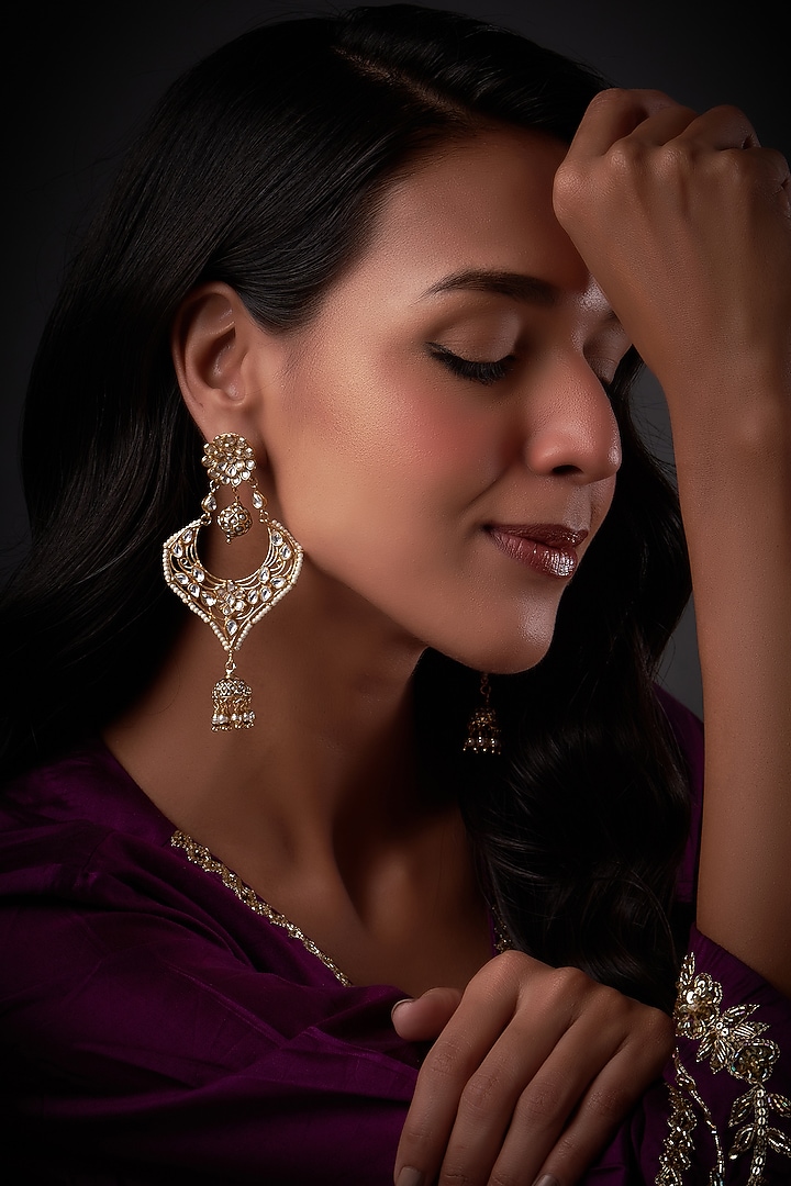 Gold Finish Diamond & Kundan Polki Chandbali Earrings by Vivinia By Vidhi Mehra at Pernia's Pop Up Shop