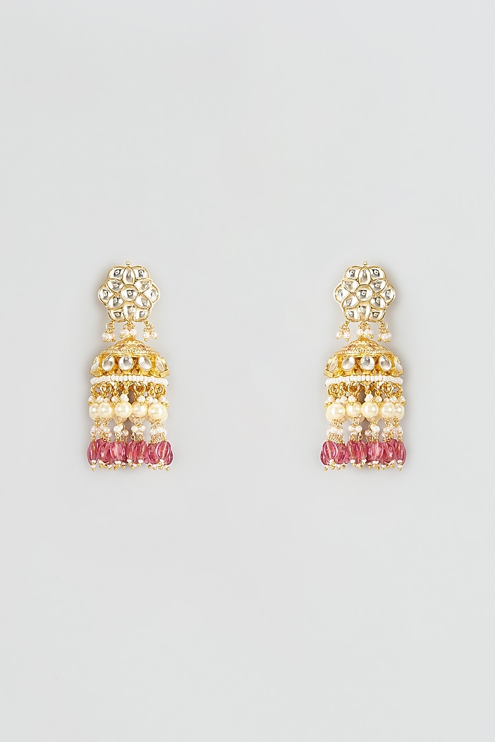 Gold Finish Kundan Polki & Baby Pink Drop Jhumka Earrings by Vivinia By Vidhi Mehra at Pernia's Pop Up Shop