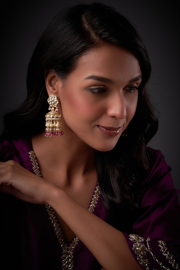 Gold Finish Kundan Polki & Baby Pink Drop Jhumka Earrings by Vivinia By Vidhi Mehra at Pernia's Pop Up Shop