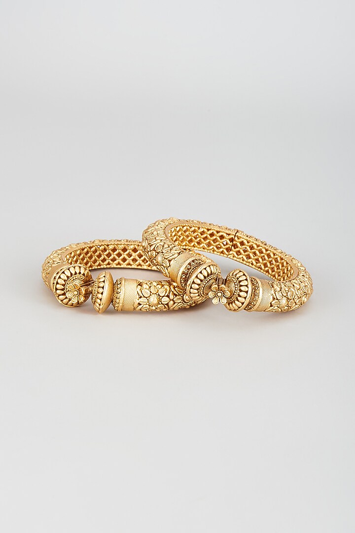 Gold Finish Temple Openable Kadas (Set of 2) by Vivinia By Vidhi Mehra at Pernia's Pop Up Shop