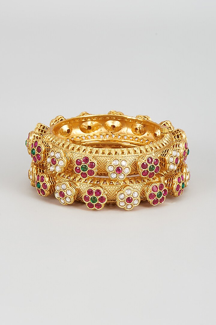 Gold Finish Kundan Polki & Red Stone Kadas (Set of 2) by Vivinia By Vidhi Mehra at Pernia's Pop Up Shop