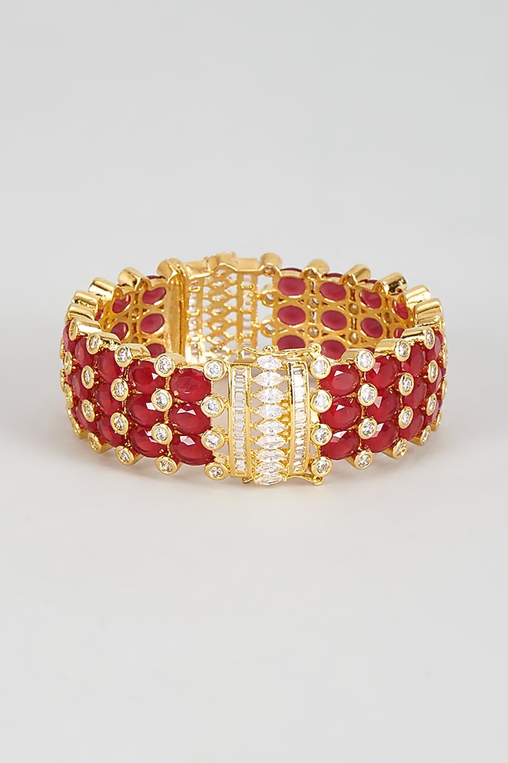 Gold Finish Red Synthetic Stone Bangle by Vivinia By Vidhi Mehra at Pernia's Pop Up Shop