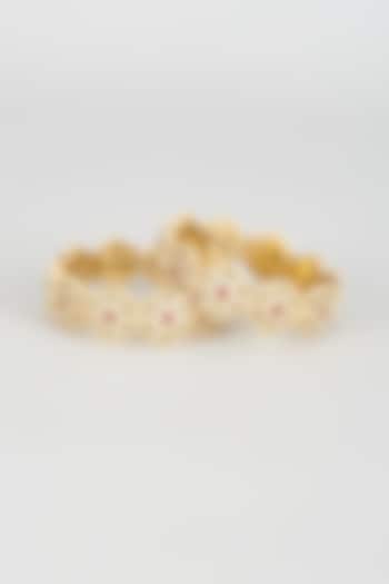 Gold Finish Pearl & Multi-Colored Gemstone Bangles (Set Of 2) by Vivinia By Vidhi Mehra at Pernia's Pop Up Shop
