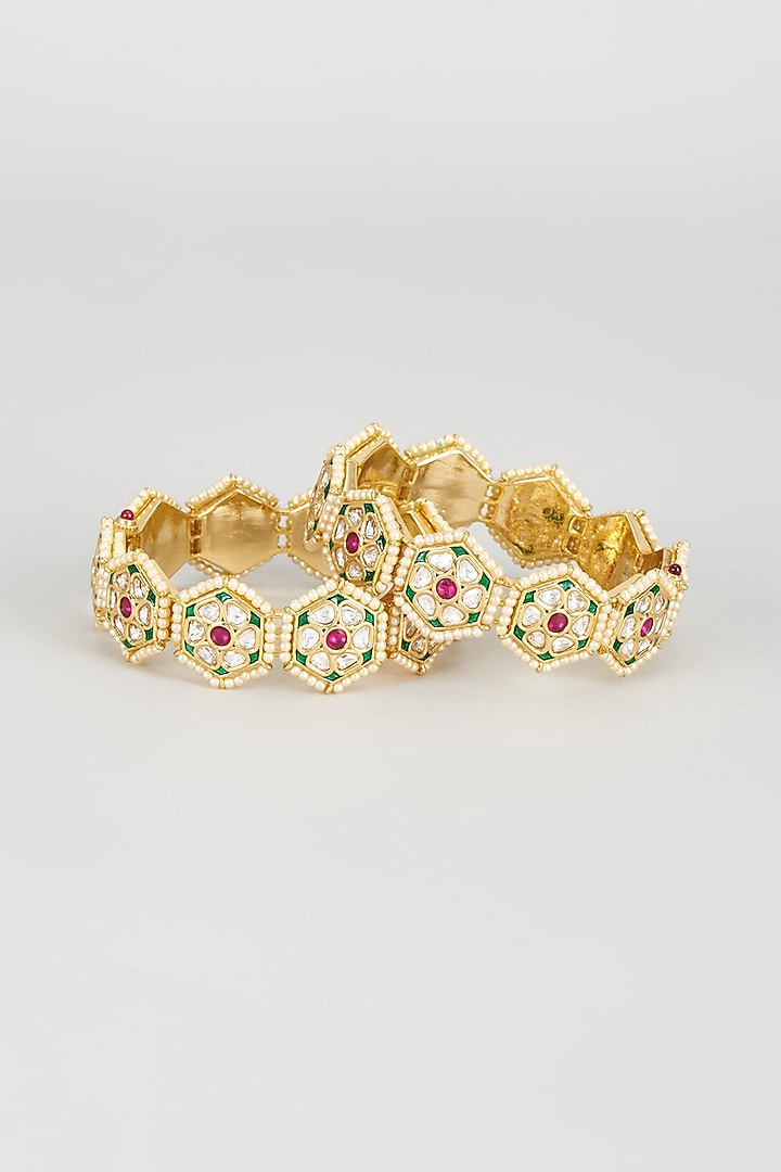 Gold Finish Pearl & Multi-Colored Gemstone Bangles (Set Of 2) by Vivinia By Vidhi Mehra at Pernia's Pop Up Shop