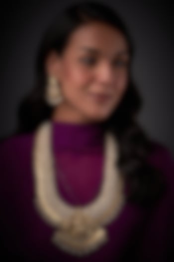 Gold Finish Pearl Long Temple Necklace Set by Vivinia By Vidhi Mehra at Pernia's Pop Up Shop