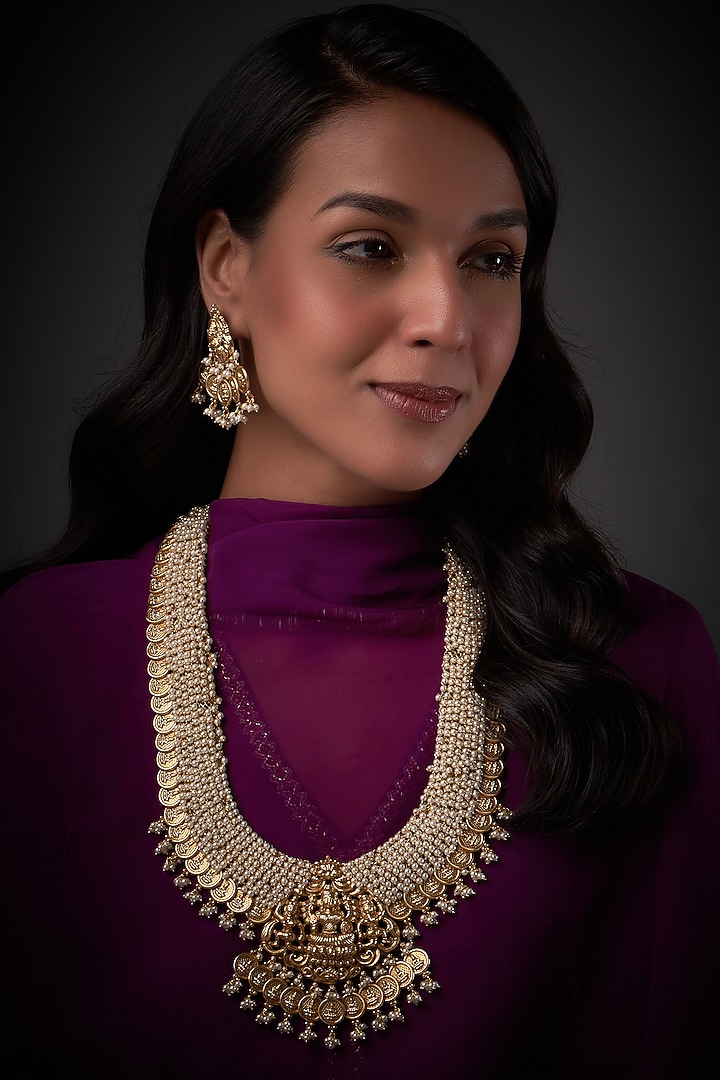 Gold Finish Pearl Long Temple Necklace Set by Vivinia By Vidhi Mehra at Pernia's Pop Up Shop