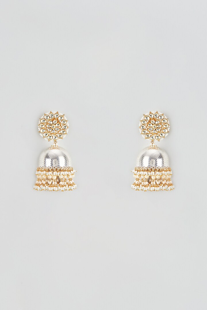 Gold Finish Kundan Polki & Pearl Drop Jhumka Earrings by Vivinia By Vidhi Mehra at Pernia's Pop Up Shop