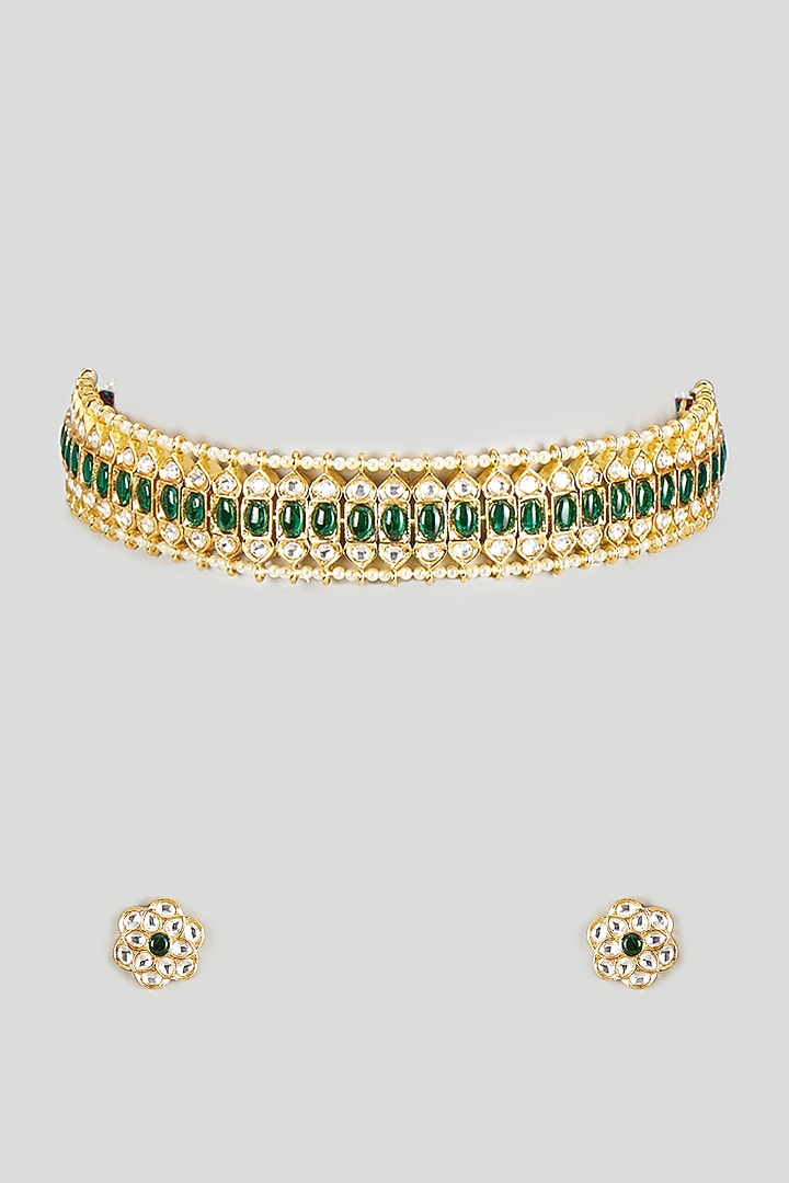 Gold Finish Kundan Polki & Green Stone Choker Necklace Set by Vivinia By Vidhi Mehra at Pernia's Pop Up Shop