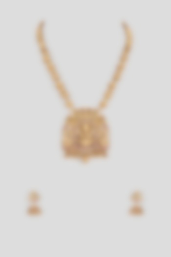 Gold Finish Red Synthetic Stone Long Temple Necklace Set by Vivinia By Vidhi Mehra at Pernia's Pop Up Shop