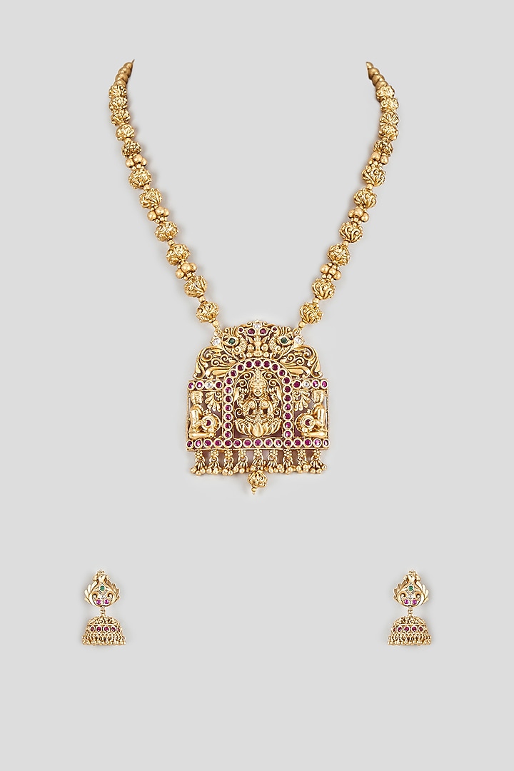 Gold Finish Red Synthetic Stone Long Temple Necklace Set by Vivinia By Vidhi Mehra at Pernia's Pop Up Shop