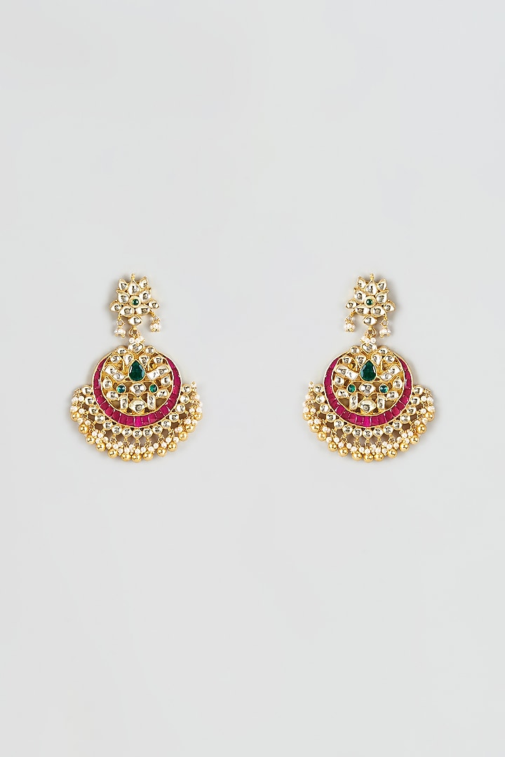 Gold Finish Red & Green Kundan Polki Chandbali Earrings by Vivinia By Vidhi Mehra at Pernia's Pop Up Shop