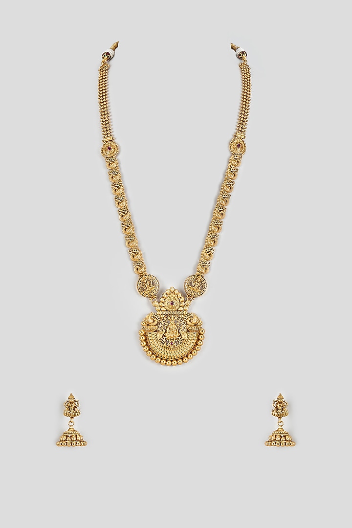 Gold Finish Long Temple Necklace Set by Vivinia By Vidhi Mehra at Pernia's Pop Up Shop