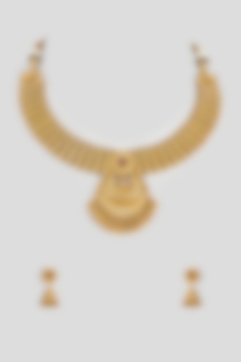 Gold Finish Temple Necklace Set by Vivinia By Vidhi Mehra at Pernia's Pop Up Shop