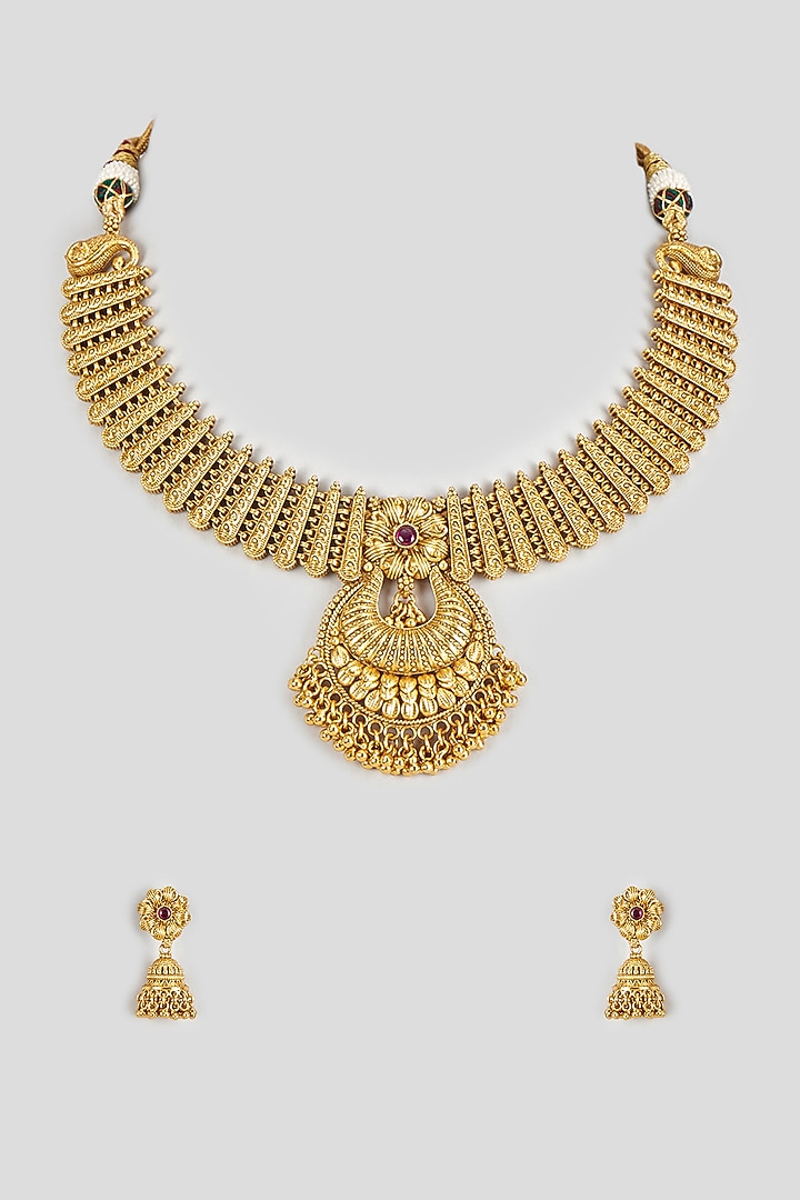 Gold Finish Temple Necklace Set by Vivinia By Vidhi Mehra at Pernia's Pop Up Shop