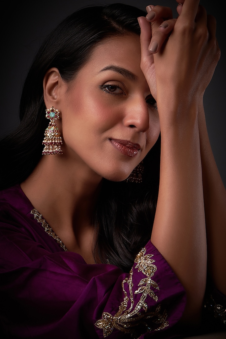 Gold Finish Kundan Polki Jhumka Earrings by Vivinia By Vidhi Mehra at Pernia's Pop Up Shop